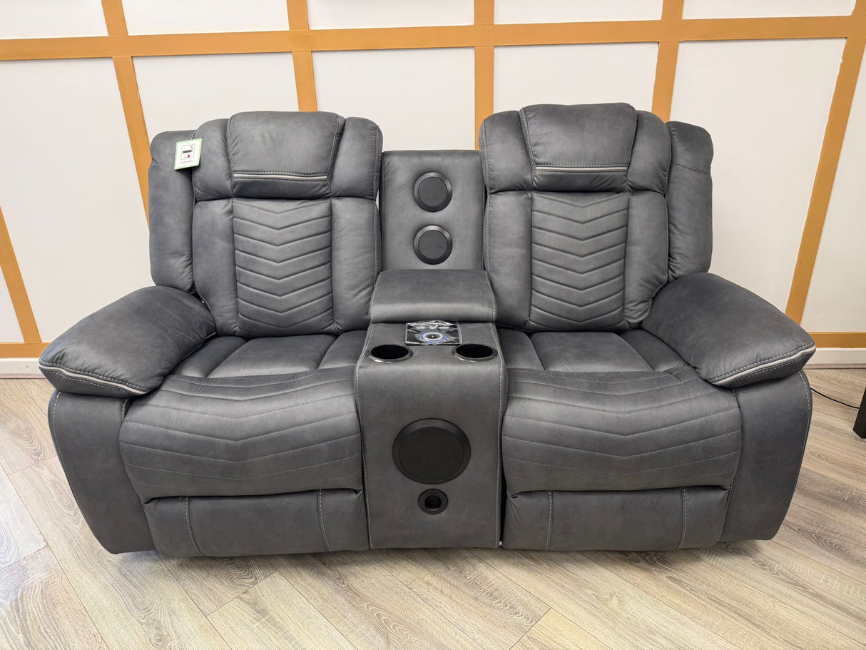Aspen Smart Electric Recliner Sofa Set 3+2 – Grey Fabric with Bluetooth Speakers, LED Lights & USB Charging