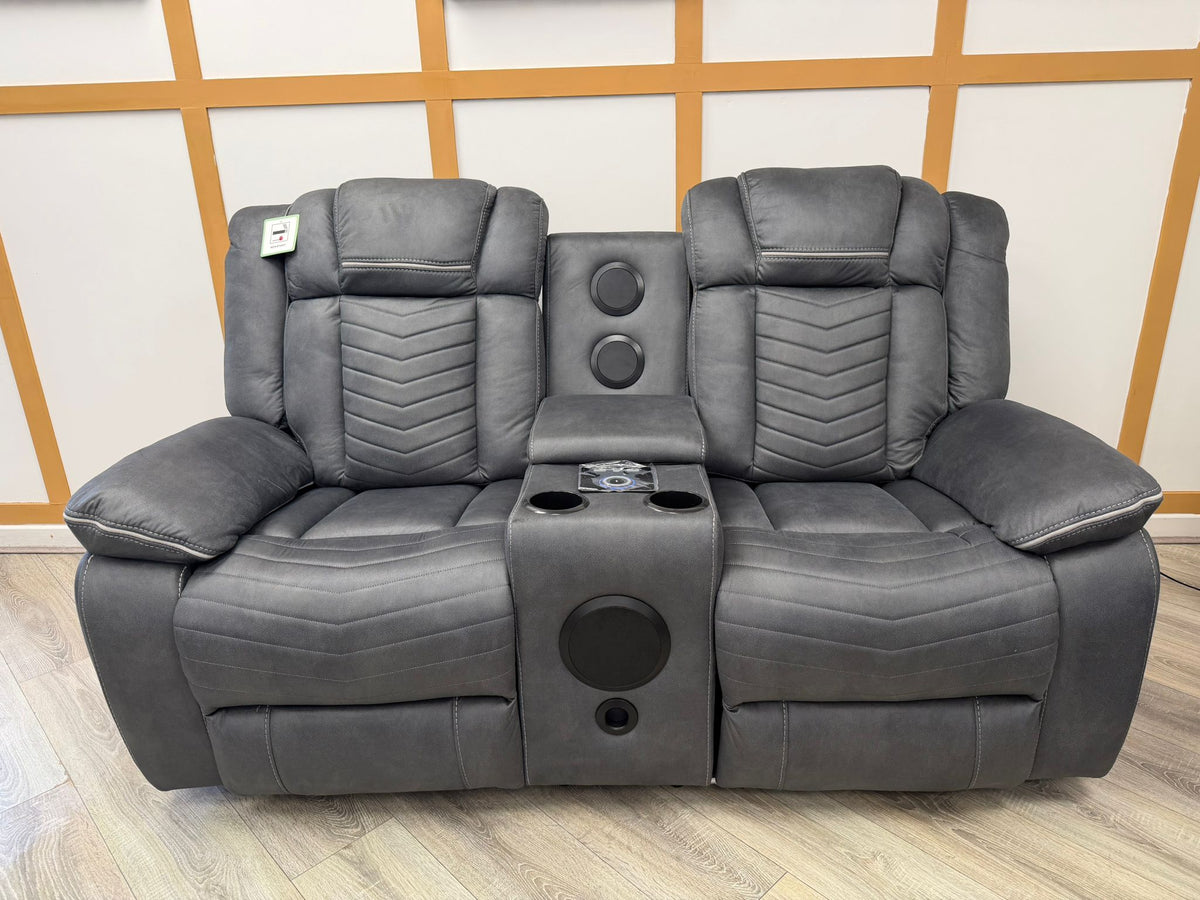 Aspen Smart Electric Recliner Sofa Set 3+2 – Grey Fabric with Bluetooth Speakers, LED Lights & USB Charging