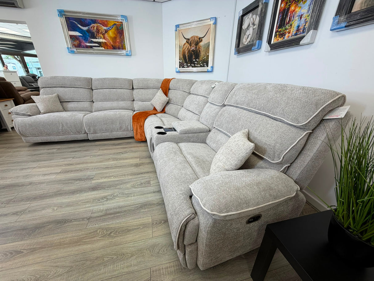 DFS Electric Recliner Corner Sofa – Biege Fabric with Bluetooth Speaker & USB