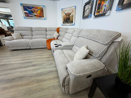DFS Electric Recliner Corner Sofa – Biege Fabric with Bluetooth Speaker & USB