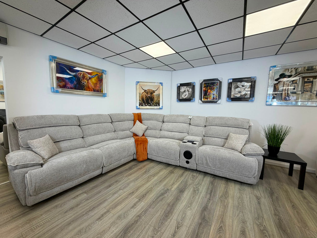 DFS Electric Recliner Corner Sofa – Biege Fabric with Bluetooth Speaker & USB