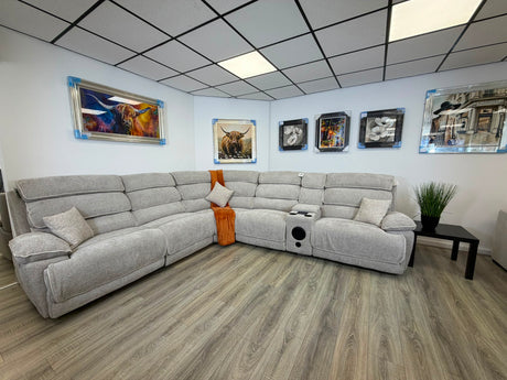DFS Electric Recliner Corner Sofa – Biege Fabric with Bluetooth Speaker & USB