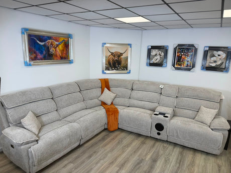 DFS Electric Recliner Corner Sofa – Biege Fabric with Bluetooth Speaker & USB