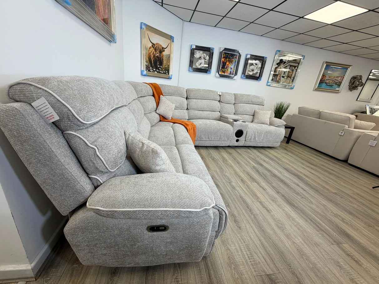 DFS Electric Recliner Corner Sofa – Biege Fabric with Bluetooth Speaker & USB