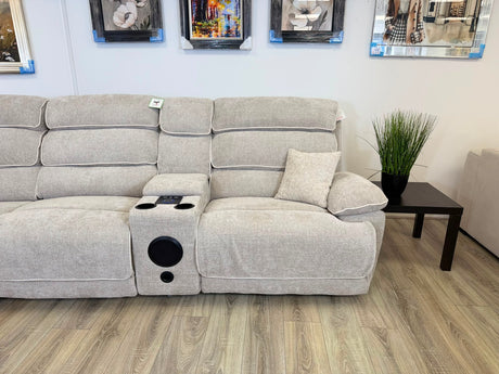 DFS Electric Recliner Corner Sofa – Biege Fabric with Bluetooth Speaker & USB