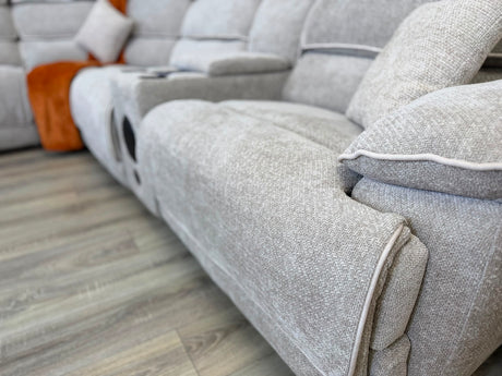 DFS Electric Recliner Corner Sofa – Biege Fabric with Bluetooth Speaker & USB