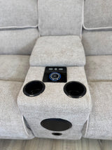 DFS Electric Recliner Corner Sofa – Biege Fabric with Bluetooth Speaker & USB