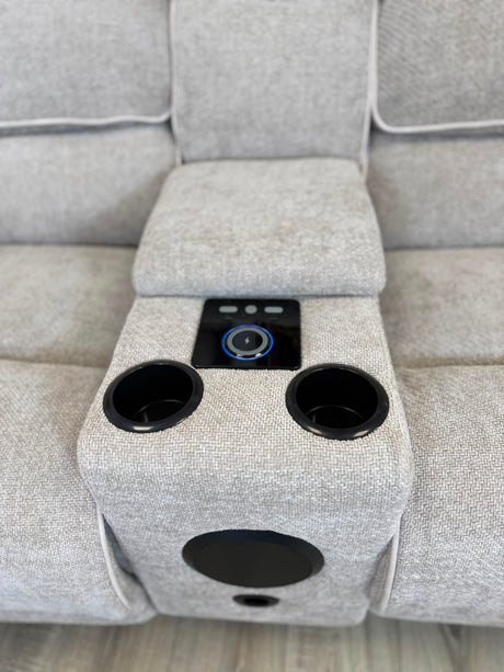 DFS Electric Recliner Corner Sofa – Biege Fabric with Bluetooth Speaker & USB