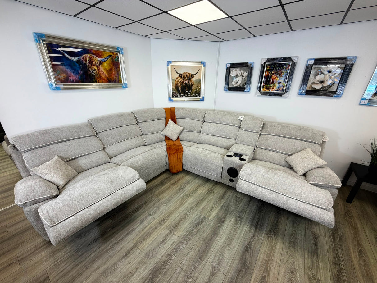 DFS Electric Recliner Corner Sofa – Biege Fabric with Bluetooth Speaker & USB