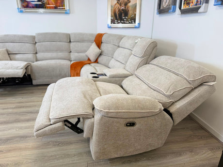 DFS Electric Recliner Corner Sofa – Biege Fabric with Bluetooth Speaker & USB