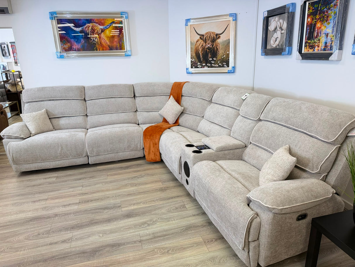 DFS Electric Recliner Corner Sofa – Biege Fabric with Bluetooth Speaker & USB