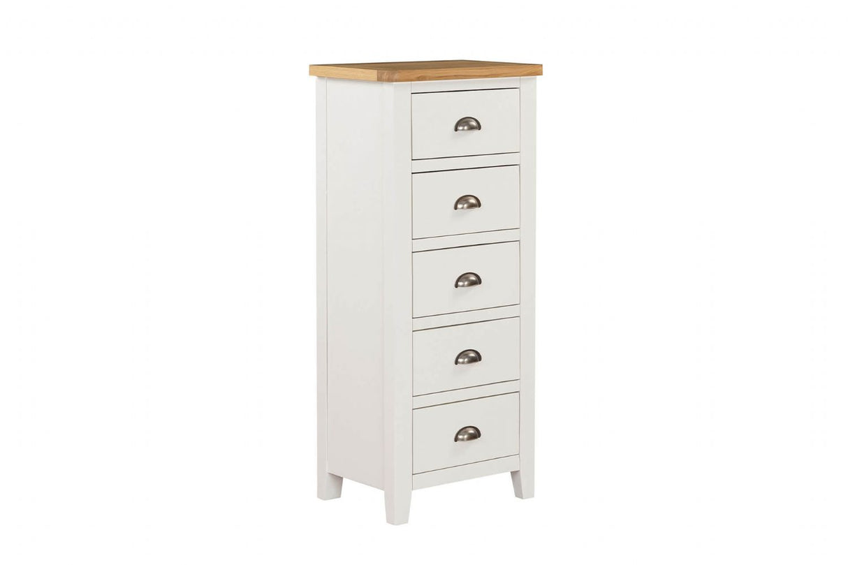 Cashmere Wooden 5 Drawer Narrow Tallboy with Oak Top
