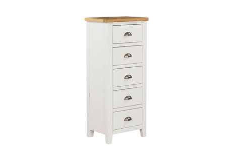 Cashmere Wooden 5 Drawer Narrow Tallboy with Oak Top
