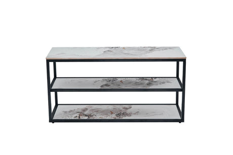 White Marble Effect Stone TV Media Unit Metal Framed
