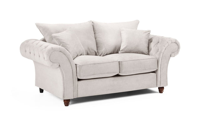Stone Fabric Buttoned Fullback 2 Seater Sofa Scroll Arms