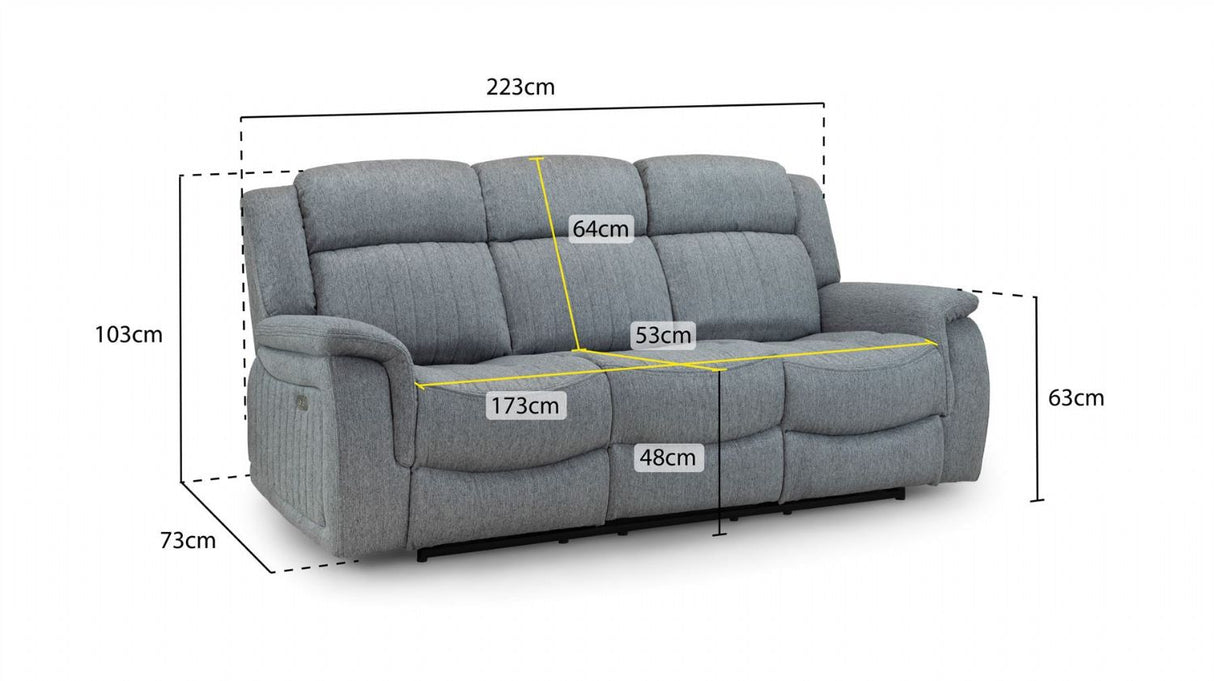Grey Fabric 3 Seater Electric Recliner Sofa Pillow Top Arms
