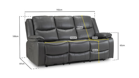 Grey Leather High Back 3 Seater Electric Recliner Sofa