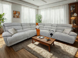 DFS Electric Recliner Corner Sofa – Biege Fabric with Bluetooth Speaker & USB