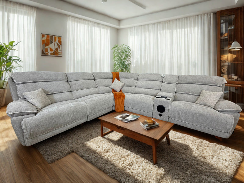 DFS Electric Recliner Corner Sofa – Biege Fabric with Bluetooth Speaker & USB