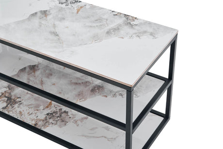 White Marble Effect Stone TV Media Unit Metal Framed