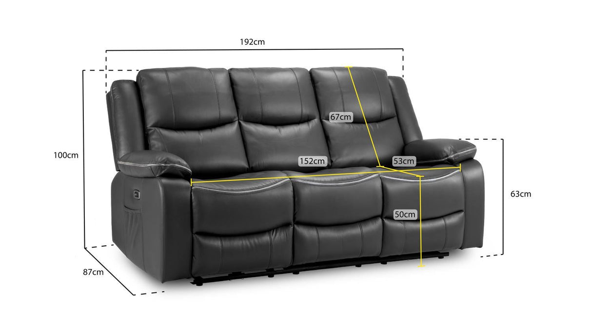 Black Leather High Back 3 Seater Electric Recliner Sofa