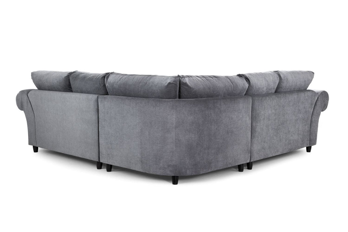 Grey Fabric Large Fullback Corner Sofa Buttoned Scroll Arms