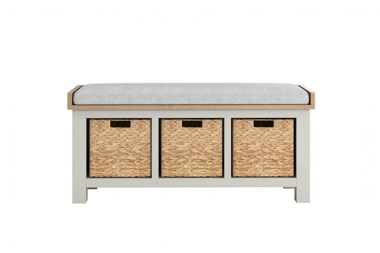 Grey Wooden Bench with 3 Storage Baskets and Fabric Seat Pad
