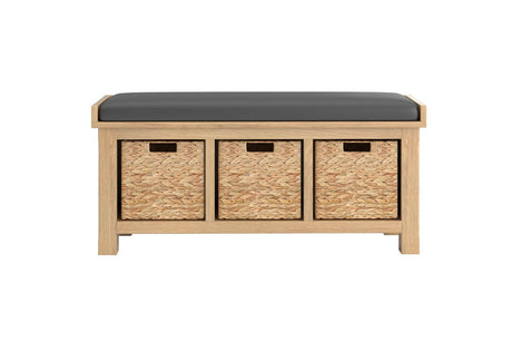 Oak Hallway Bench Grey Leather Effect Seat Cushion