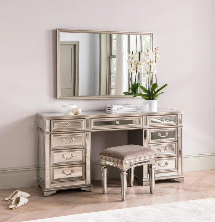 Taupe Eucalyptus Finish Large 9 Drawer Double Pedestal Mirrored Dressing Table