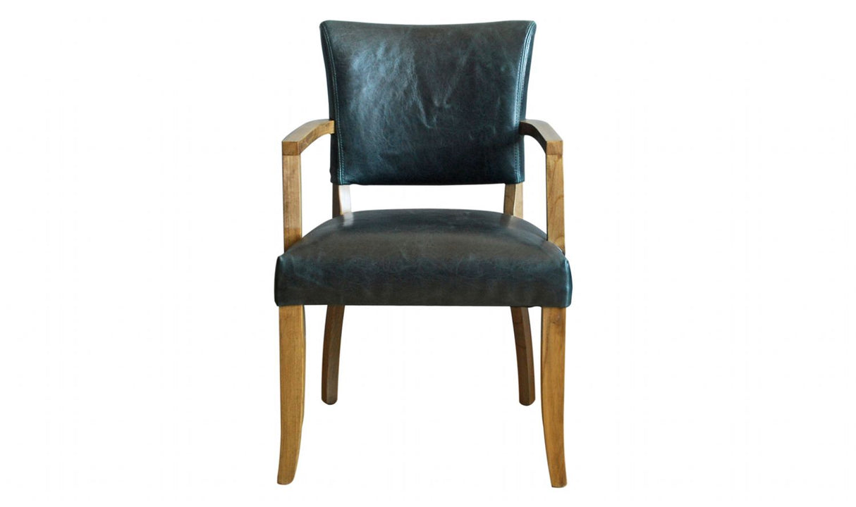 Blue Leather Arm Chair with Solid Oak Legs and Padded Seat