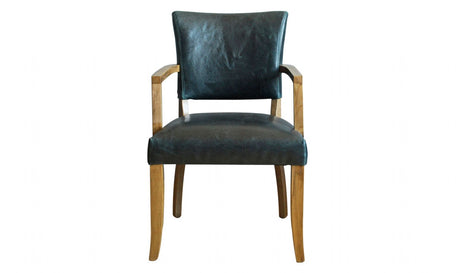Blue Leather Arm Chair with Solid Oak Legs and Padded Seat