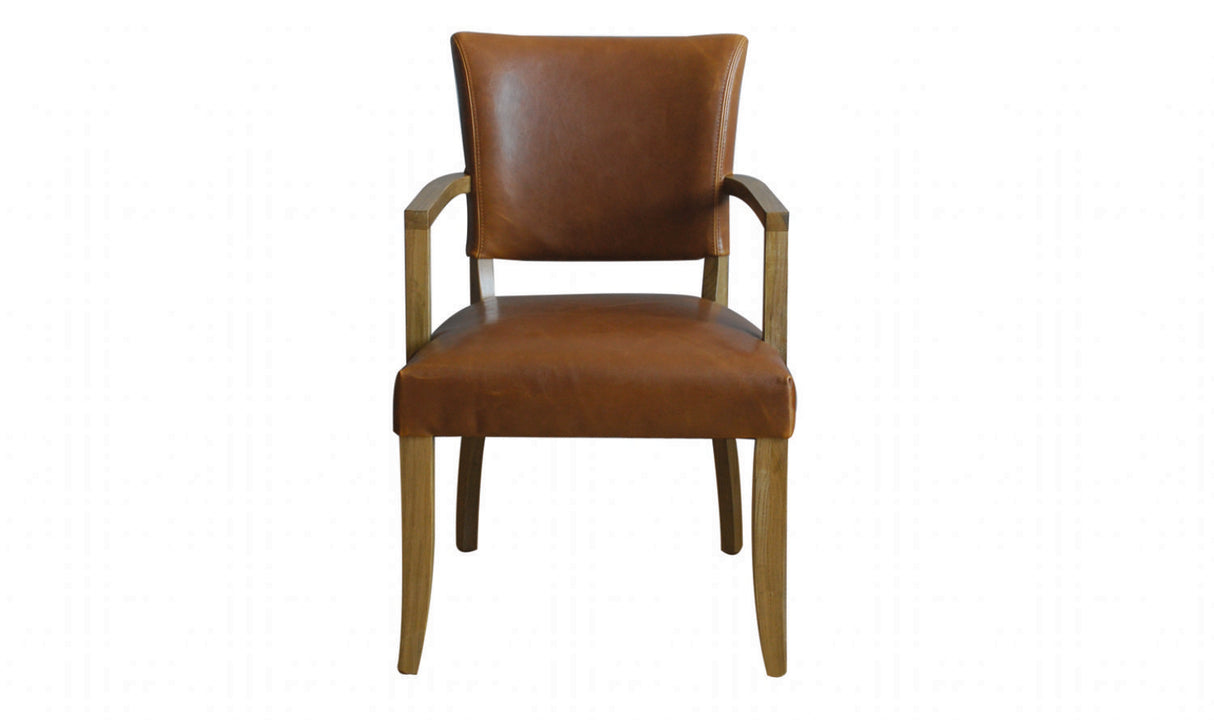 Vintage Tan Brown Leather Arm Chair with Solid Oak Legs and Padded Seat