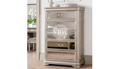 Mirrored Glass Taupe Painted Tall Chest of 5 Drawers