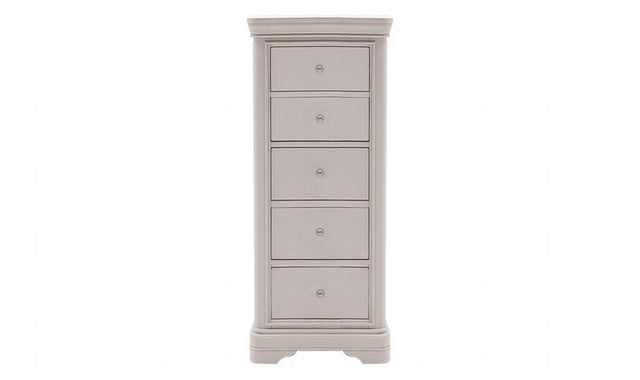 Traditional Taupe Painted Finish 5 Drawer Tallboy Chest with Silver Handles