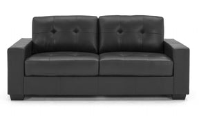 Modern Black Bonded Leather Upholstered Buttoned Back Fixed 3 Seater Sofa