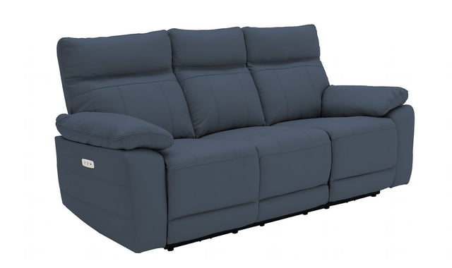 Blue Leather Match Fabric 3 Seater Electric Recliner Sofa