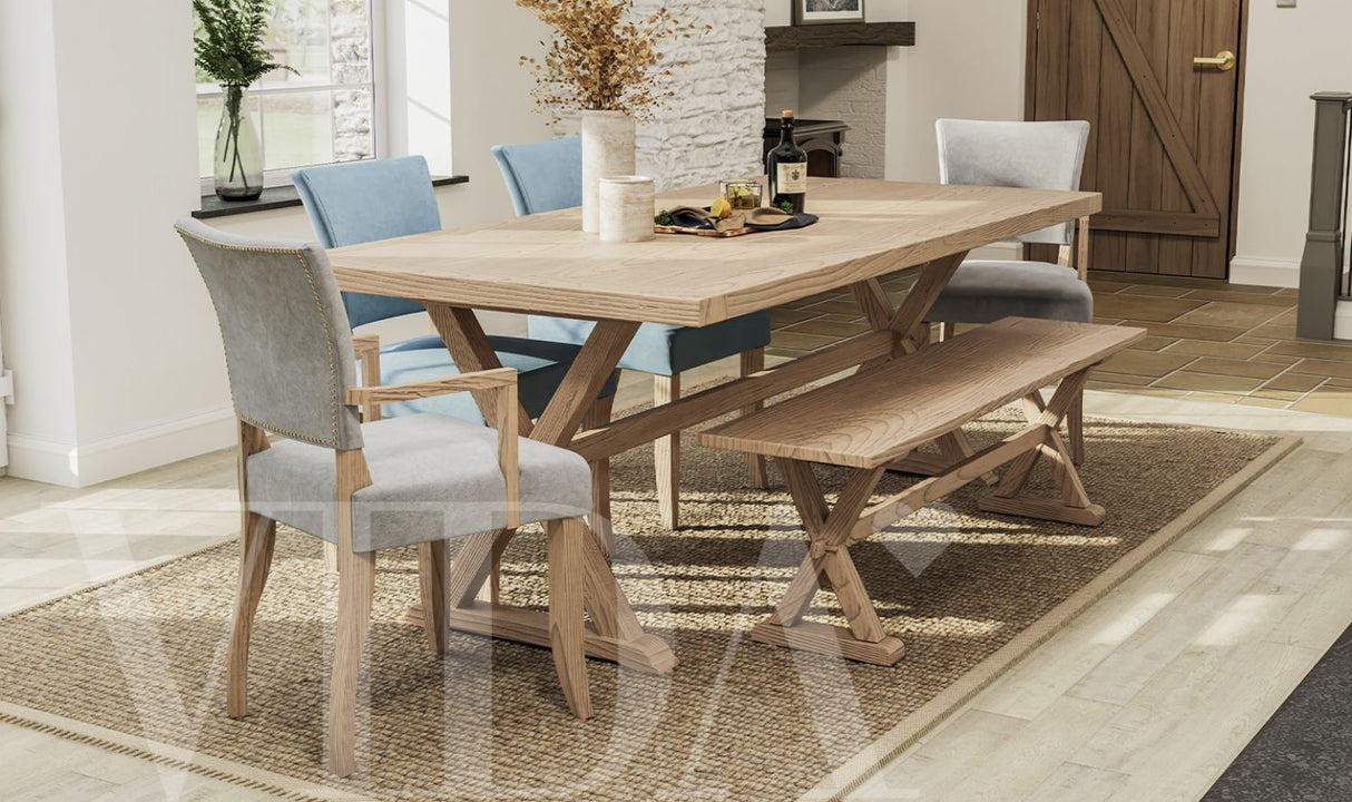 Solid Oak Light Blue Velvet Fabric Dining Chair