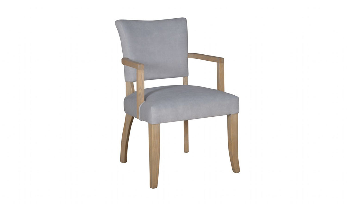 Solid Oak Grey Velvet Fabric Dining Arm Chair