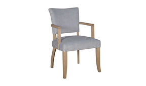 Solid Oak Grey Velvet Fabric Dining Arm Chair