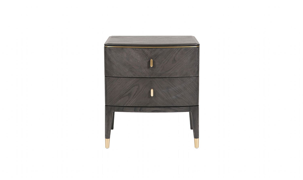 Brown Ribbed Wooden 2 Drawer Bedside Table with Gold Detailing
