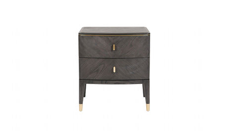 Brown Ribbed Wooden 2 Drawer Bedside Table with Gold Detailing