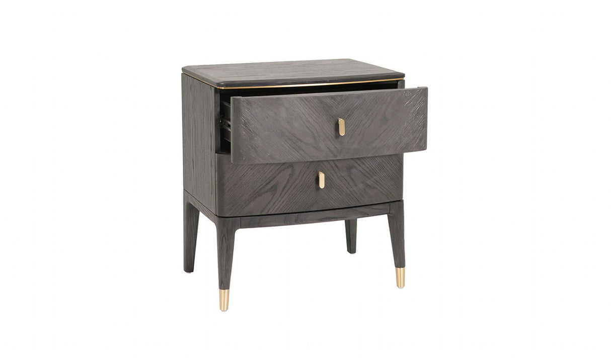 Brown Ribbed Wooden 2 Drawer Bedside Table with Gold Detailing