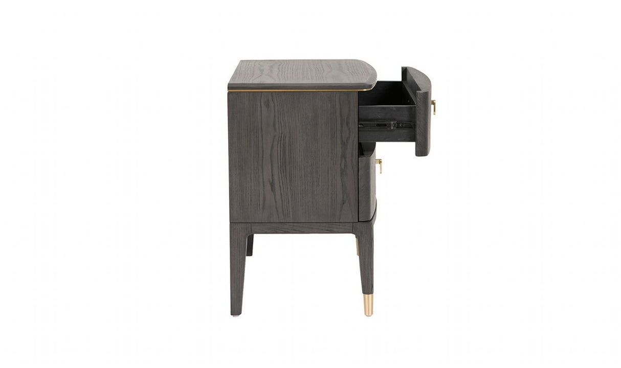 Brown Ribbed Wooden 2 Drawer Bedside Table with Gold Detailing