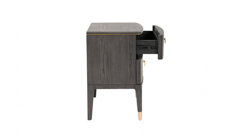 Brown Ribbed Wooden 2 Drawer Bedside Table with Gold Detail