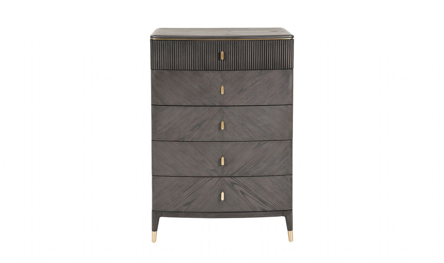 Tall Dark Brown Wood Chest of 5 Drawers with Golden Inlay
