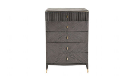 Tall Dark Brown Wood Chest of 5 Drawers with Golden Inlay