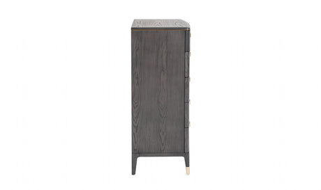Tall Dark Brown Wood Chest of 5 Drawers with Golden Inlay