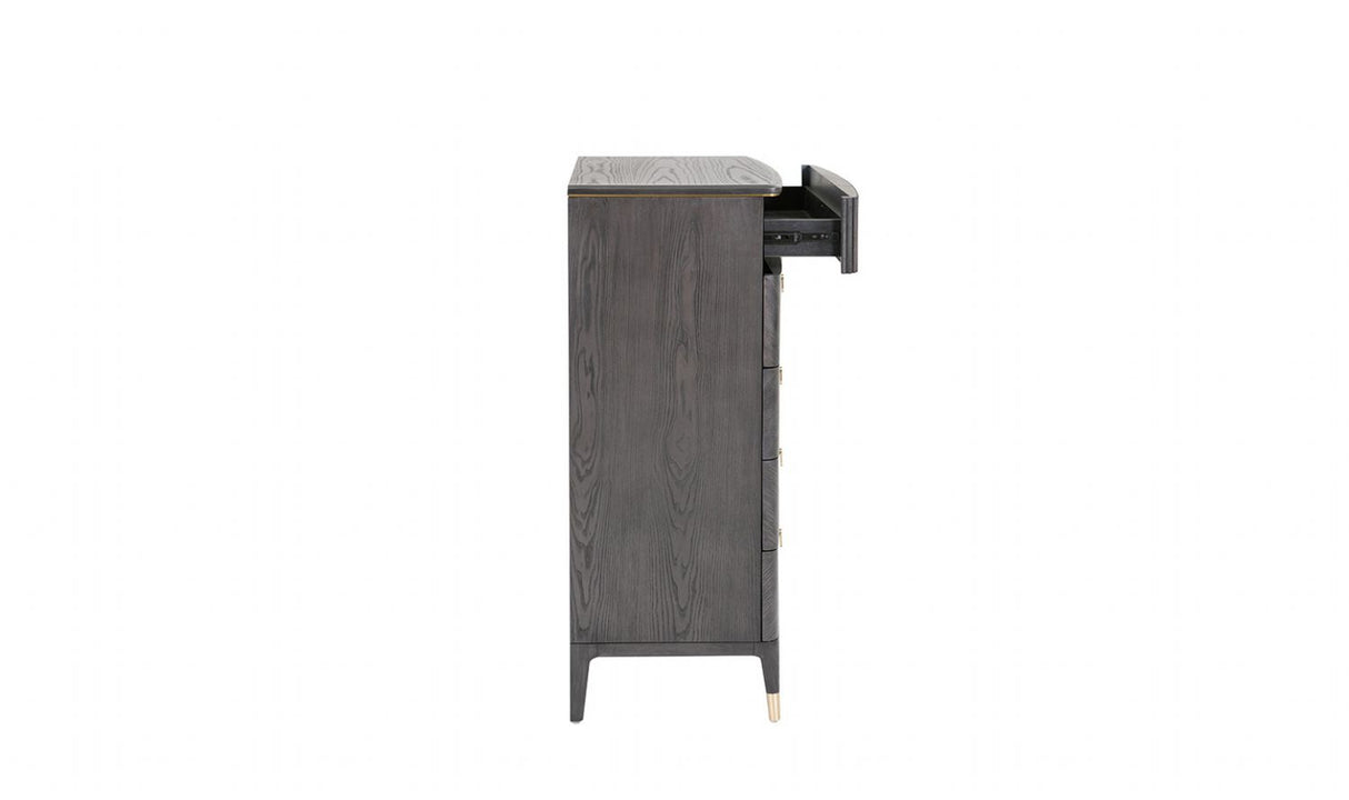 Tall Dark Brown Wood Chest of 5 Drawers with Golden Inlay