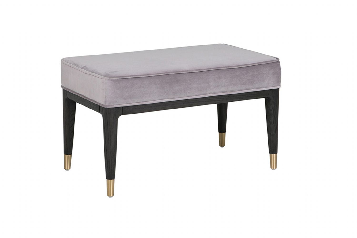 Gray upholstered bench with black legs and gold feet on a white background