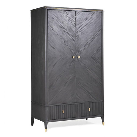 Dark wooden wardrobe with chevron pattern on a white background